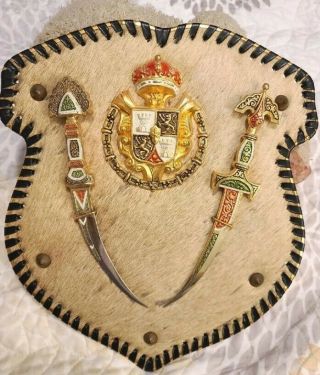 Vintage Leather And Metal Spanish Coat Of Arms Crest Shield Wall Plaque