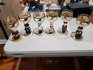 Set Of (6) W.  German Figural Wine Glasses Hummel Goebel Bockling Stem Ware