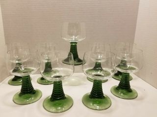 (9) Etched Deinhard Kobleng German Roemer Wine Glasses Goblet Green Beehive Stem