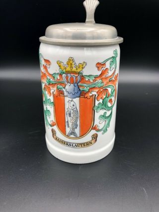 Vintage German Kaiserslautern Hand Painted Beer Stein W/pewter Lid,  7 " Tall