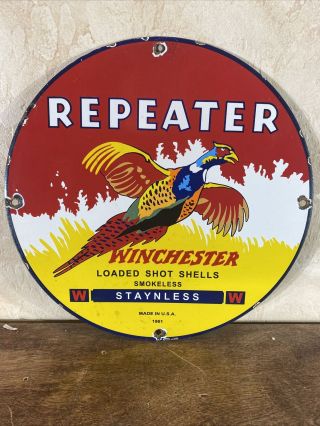 1961 Vintage  Winchester  (repeater) Porcelain Dealer Sign 12 Inch
