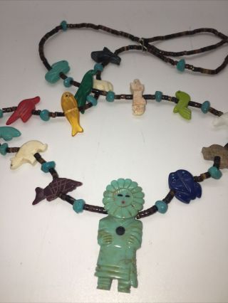 Vtg Zuni Carved Turquoise Sungod Animal Fetish Heishi 32” Necklace - 15 Carvings