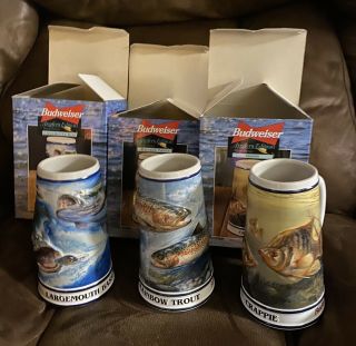 Budweiser Beer Steins (mugs) 3 Fishing (crappie,  Trout,  Bass)