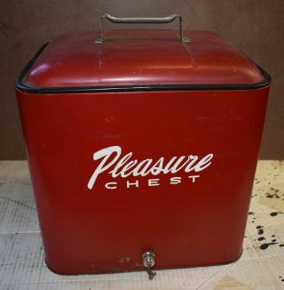 Vintage 1950’s Pleasure Chest Red Metal Cooler W/ Tray Ice Chest