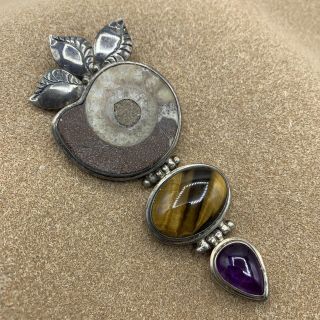 Vintage Sterling Silver 925 Ammonite Tigers Eye Amethyst Fossil Necklace Pendant