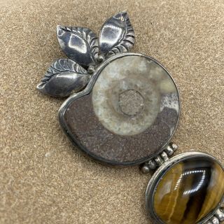 Vintage Sterling Silver 925 Ammonite Tigers Eye Amethyst Fossil Necklace Pendant 2