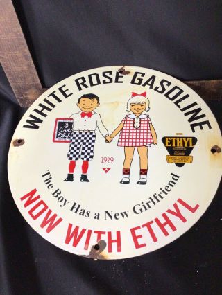 Vintage Porcelain White Rose Gasoline Gas And Oil Sign