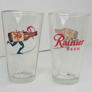 2 Vintage Wild Rainier Beer Bottle Glasses Minty Rare