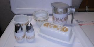 Vintage Pyrex Corning Butterfly Gold S & P Shakers Sugar 2 Creamers Butter Dish