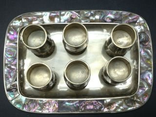 Vintage Alpaca Silver Mexico Abalone 6 Cordial,  Shot Glasses And Tray 7 Piece