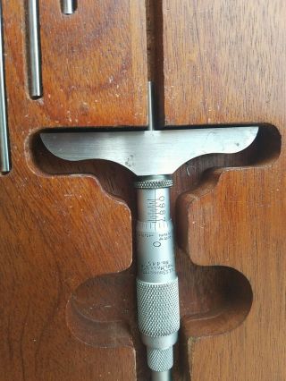 Vintage Starrett No.  445 Micrometer Depth Gauge w/ Rods in Wooden Case 3