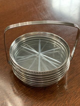 Vintage Wallace Sterling Silver Pierced Rim Glass Coasters Set Of 6 With Caddy