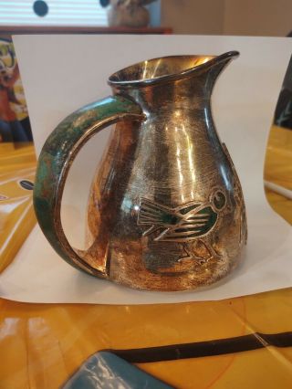 Mid Century Los Castillo Silver Plate Inlaid Pitcher,  Bird And Floral Motif