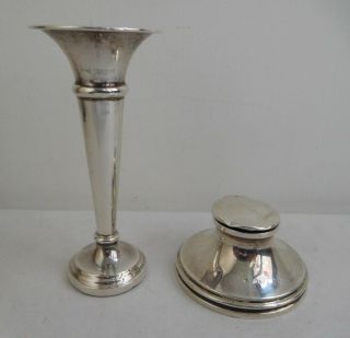 Solid Silver Capstan Inkwell Birmingham 1924 & Bud Vase Birmingham 1921