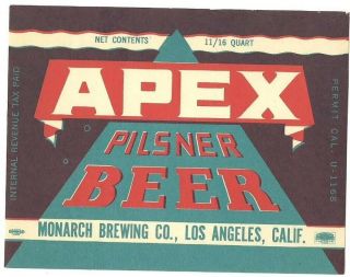 Apex Pilsner Beer Label,  U - Permit,  Irtp,  Monarch Brewing Co. ,  Los Angeles,  Ca