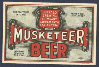 Musketeer Beer Label,  U - Permit,  Irtp,  Buffalo Brewing Co. ,  Sacramento,  Ca