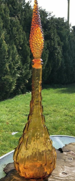 Vintage Tall Italian Glass Genie Bottle With Stopper Amber In Colour