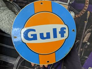 Vintage Old Gulf Gasoline Porcelain Gas Station Ad Sign " Orange Disc " Motor Oil