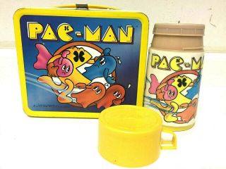 Vintage 1980 Bally Midway Mfg Co.  Pac - Man Metal Lunchbox With Thermos