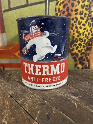 Vintage 1945 Thermo Anti Freeze One Gallon Can Gas Station Sign Snowman Ford Car