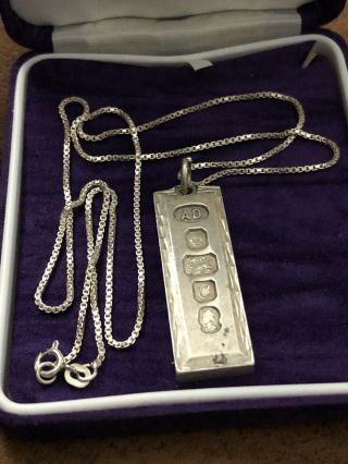 Vintage Hallmarked Solid Sterling Silver 925 Ingot Pendant 35 Gm & Chain 22”