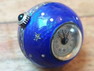 Solid Silver & Enamel Ball Watch Inset With Star Decorated White Stones.