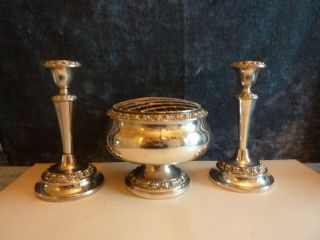 Large Vintage Ianthe Silver Plated Rose Bowl & Ianthe Candle Holders