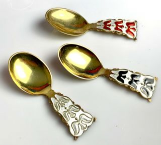 Vintage Norway Sterling Silver Enamel Gilt Spoons David Andersen ? Mcm