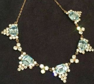 Vintage Art Deco Jewellery Striking Aquamarine Glass Paste Geometric Necklace