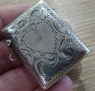 Quality Antique Solid Silver Vesta Case // C1902 With Heart Engraving