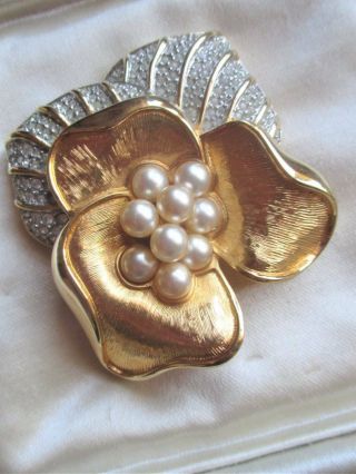 Vintage Swarovski Large Crystal Pearl Flower Brooch.  Swan Signed.  Gold Tone