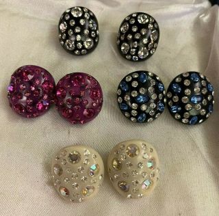 4 Pair Vtg Weiss Lucite Thermoset Rhinestone Clip Earrings Multi Color