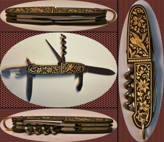 Vintage Toledo Spain Inox Art Etch Folding Pocket Knife | Image Bird Of Paradise