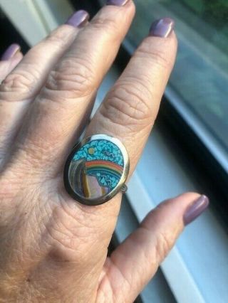 Vintage Rainbow,  Turquoise,  Opal And Sterling Silver Ring From The 60 