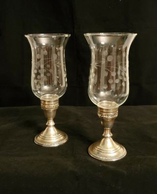 Pair Crown Weighted Sterling Silver & Etch Glass Hurricane Shade Candle Holders