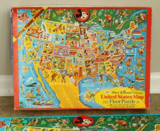 Vintage 1960s Walt Disney United States Map Floor Puzzle Jaymar Rare