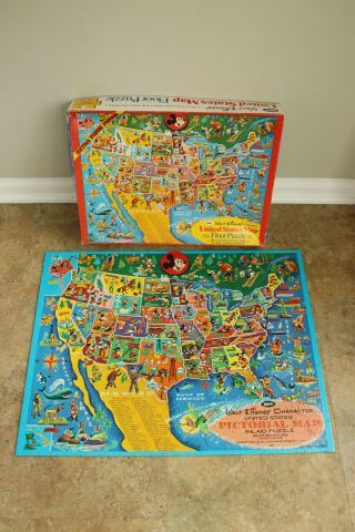 Vintage 1960s Walt Disney United States map Floor Puzzle JayMar RARE 3