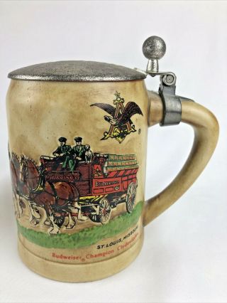 Vintage Budweiser Champion Clydesdale Stein Ceramarte Mug W/lid Made In Brazil