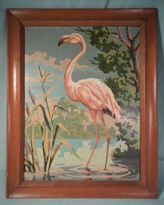 Vintage 1950s Paint By Numbers Tropical Flamingo Painting Oak Framed 12 " X 16 "