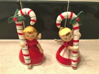 2 Vintage 1956 Napco Christmas Angel Bell Holding Candy Cane