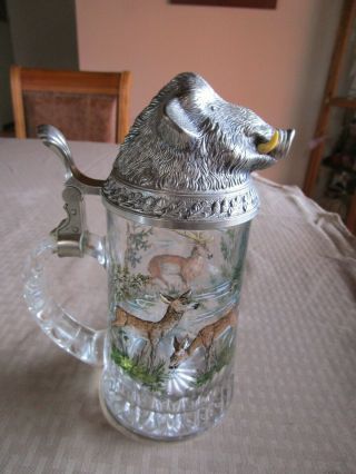 West German Vintage Glass Beer Stein With Pewter Boar 