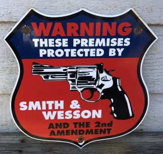 Old 1971 Vintage Smith & Wesson Protected By Porcelain Ammo Warning Sign Bullets