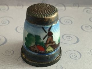 Vintage Blue Guilloche Enamel Sterling Silver Thimble Germany Size 6 Windmill