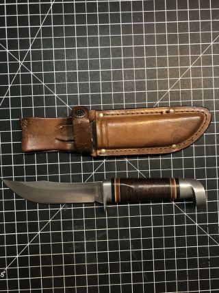 Western Usa 8 3/4 " 66 Leather Wrapped Fixed Blade Hunting Knife With Orig Sheath