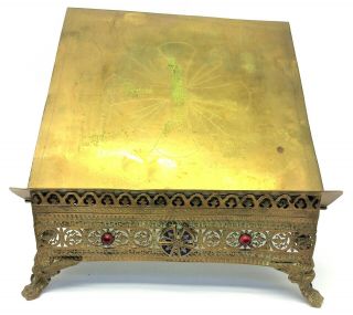 Vintage Brass Metal Christian Bible Stand Holder Cross Display Jeweled Footed