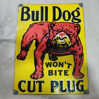 Bull Dog Cut Plug Vintage Porcelain Sign 12 X 16 Inches