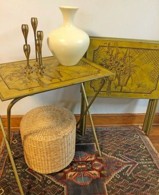 4 Vintage Tv Trays Lavada Mid - Century Folding Serving Tables Golden Plants
