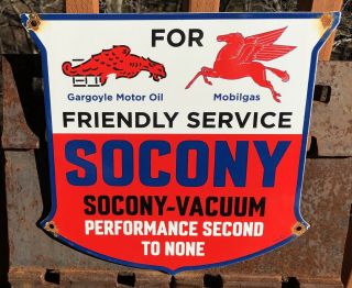 Old Vintage 1941 Socony - Vacuum Friendly Service Porcelain Gas Station Pump Sign