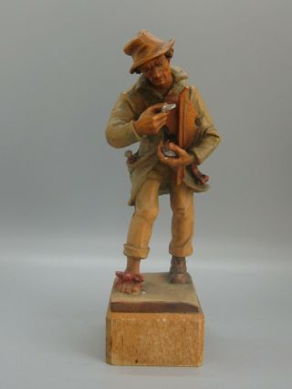Vtg Anri Italian Hand Carved Wood Busker W/violin & Coin Musician Figure Italy