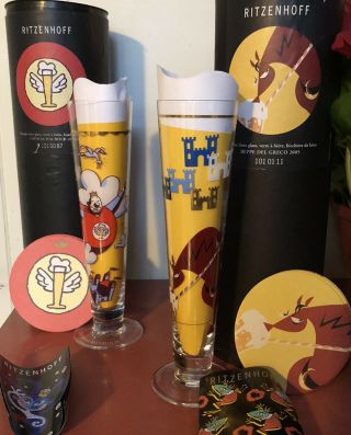 2 Ritzenhoff Beer Glasses & Coasters 2003,  2005 All